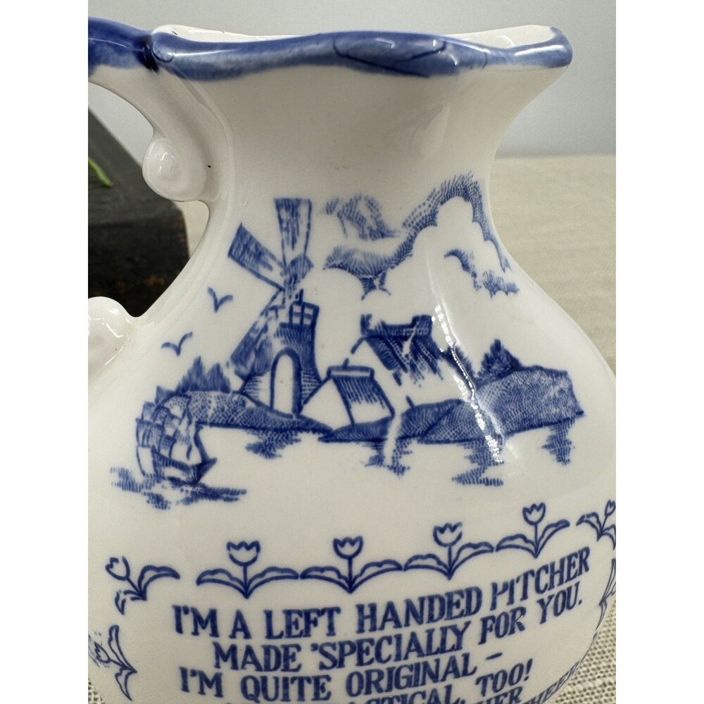 Vintage Blue & White Ceramic Left Handed Southpaw Pitcher Oregon Dutch Windmill - Picture 2 of 11